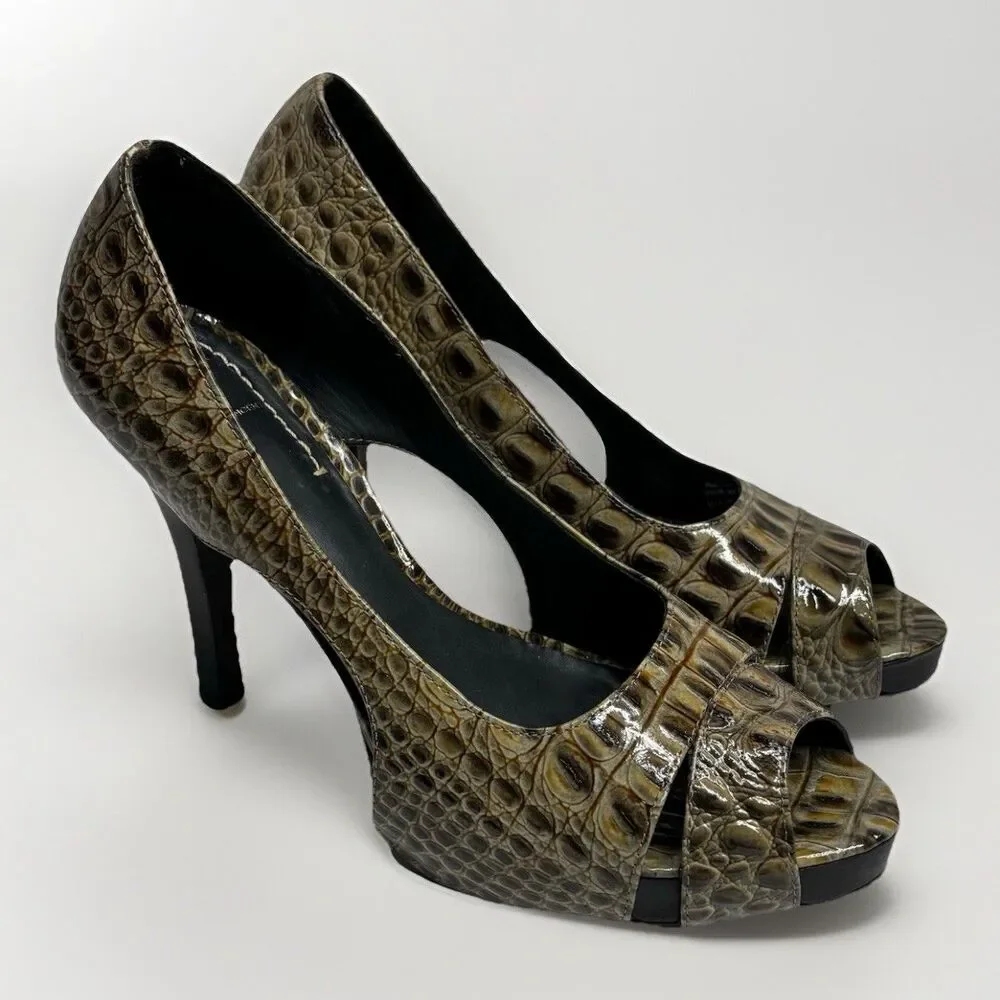 J Vincent Croc Embossed Leather Peep Toe High Heel Pumps Brown 8.5M Brazil